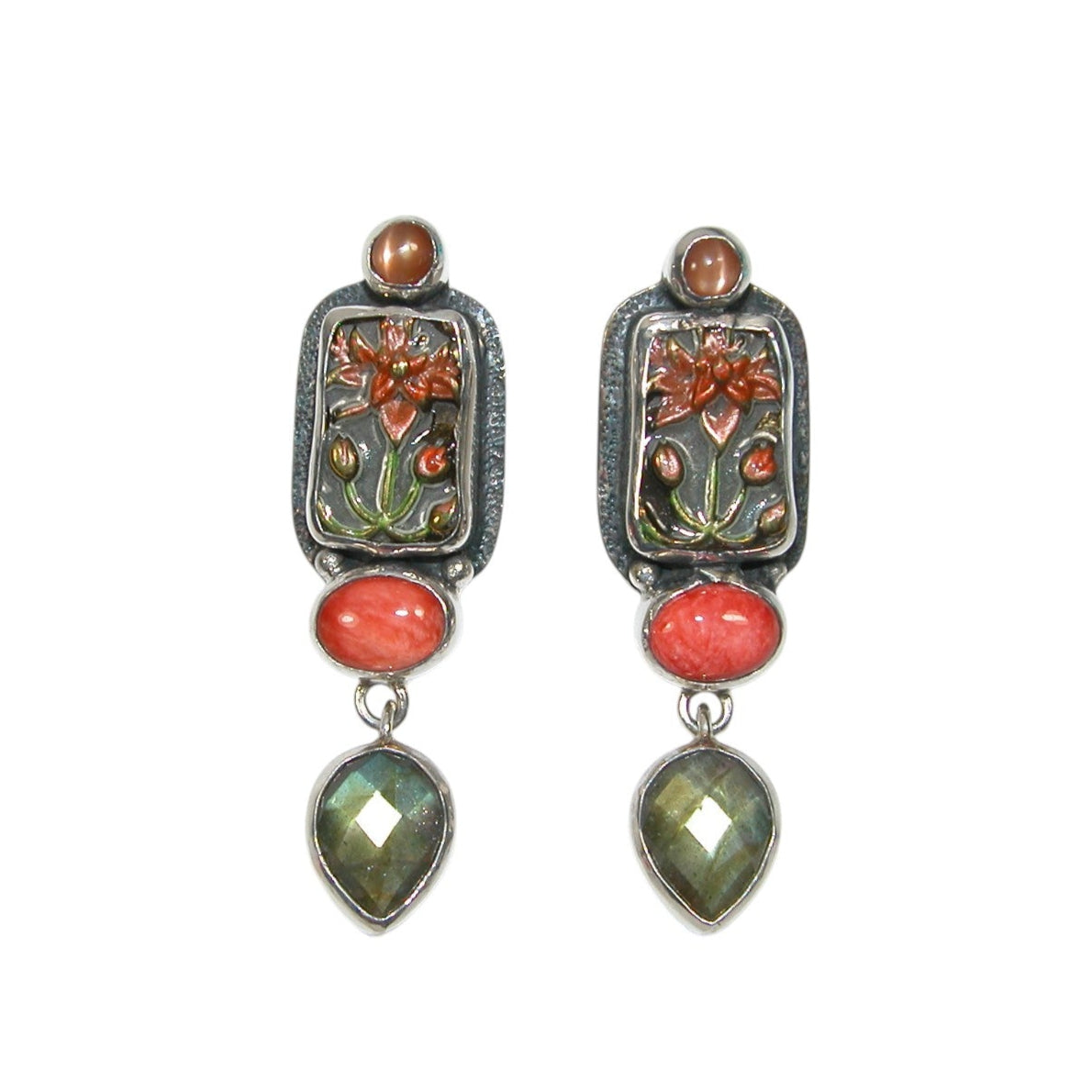 33934 Flower Enamel Labradorite Sterling Silver Earrings