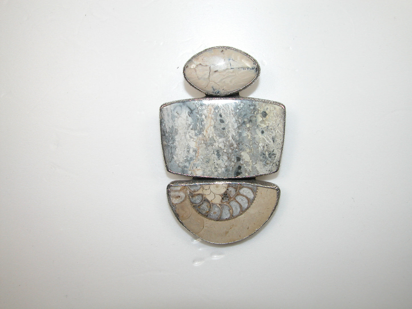 Three Stone Ammonite Sterling Silver Pin and Pendant