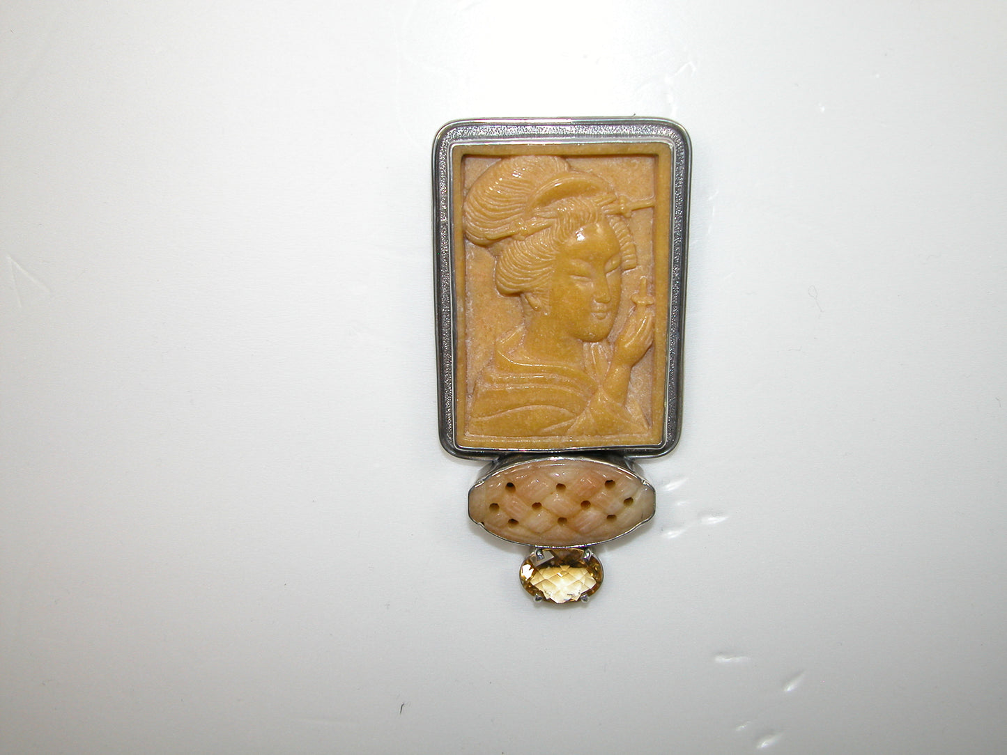 Carved Woman Citrine Sterling Silver Pin and Pendant
