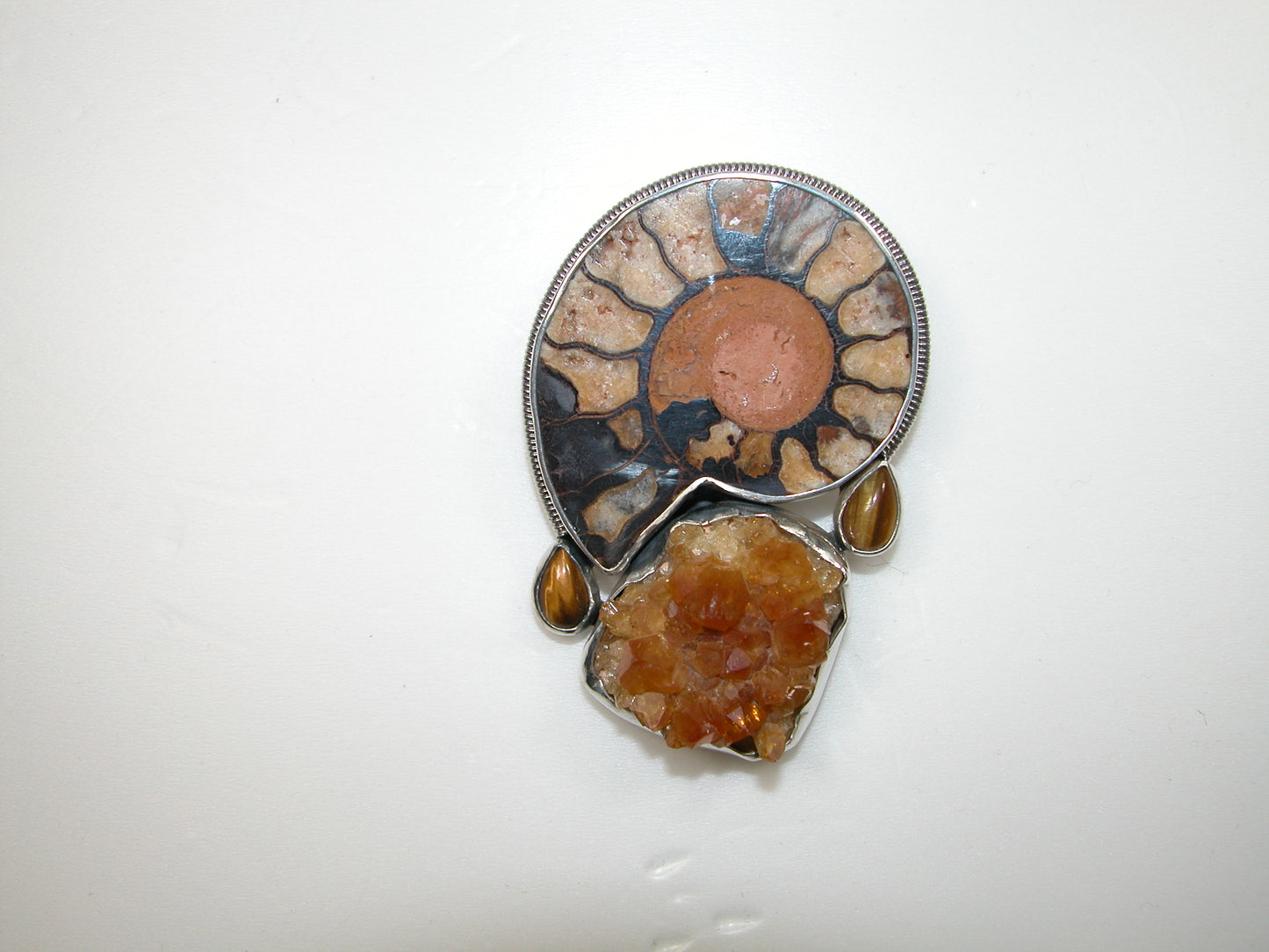 Ammonite Amber Sterling Silver Pin and Pendant