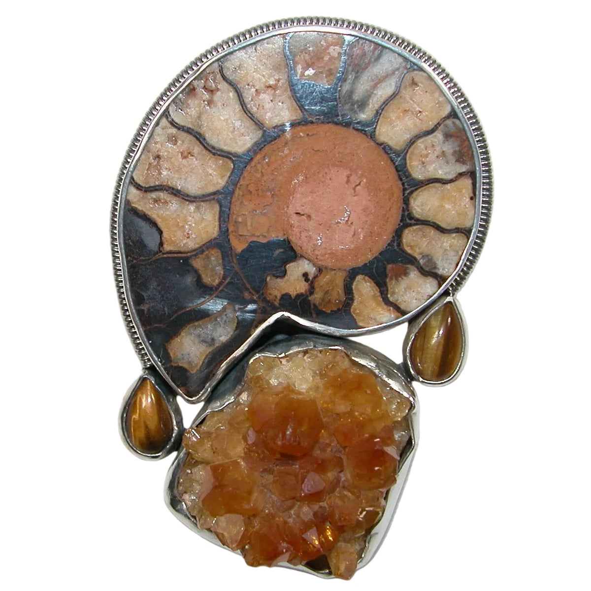 33952 Ammonite Amber Tiger's Eye Sterling Silver Pin and Pendant
