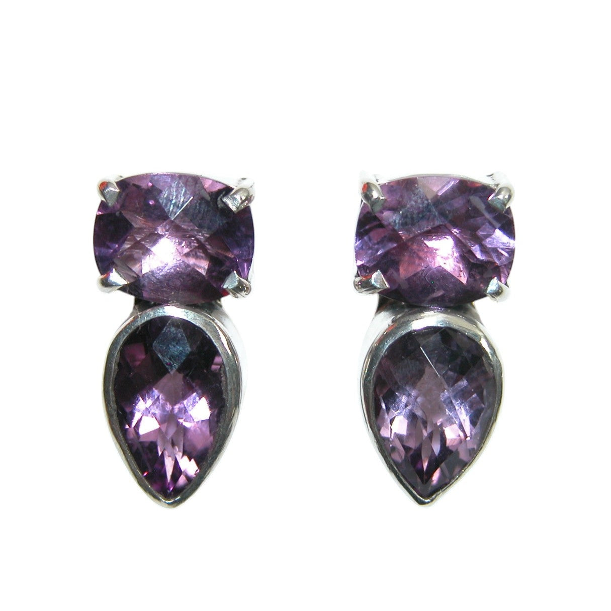 34002 Purple Amethyst Two Stone Sterling Silver Earrings