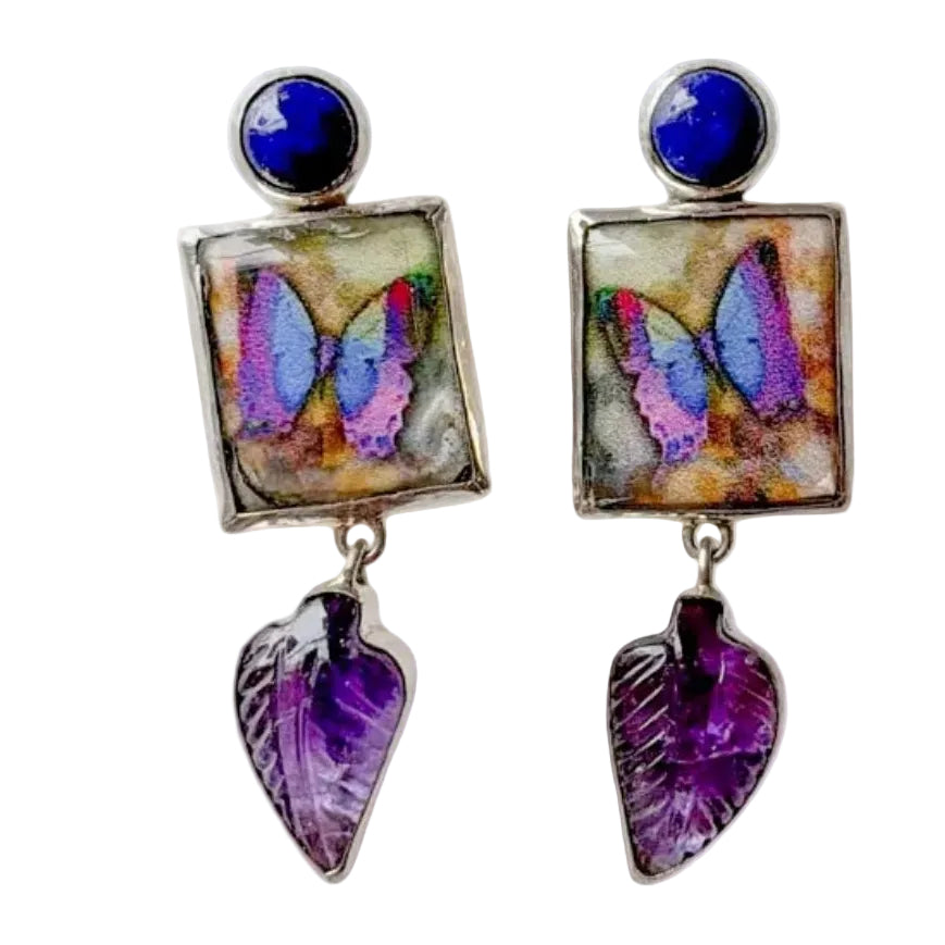 34023 Handmade Tile Butterfly, Lapis, Amethyst Earrings
