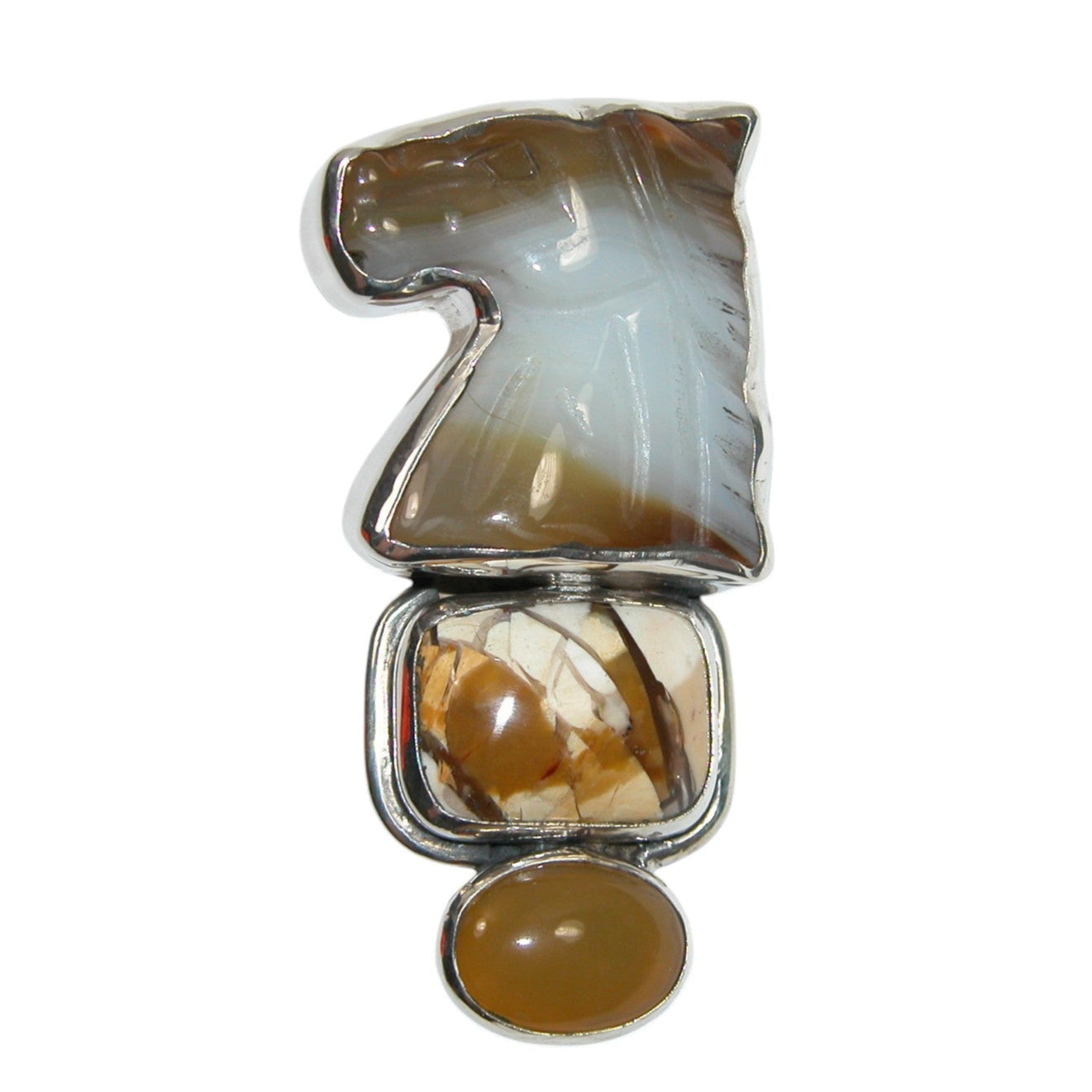 34033 Carved Botswana Agate, Yellow Onyx Sterling Silver Pin and Pendant