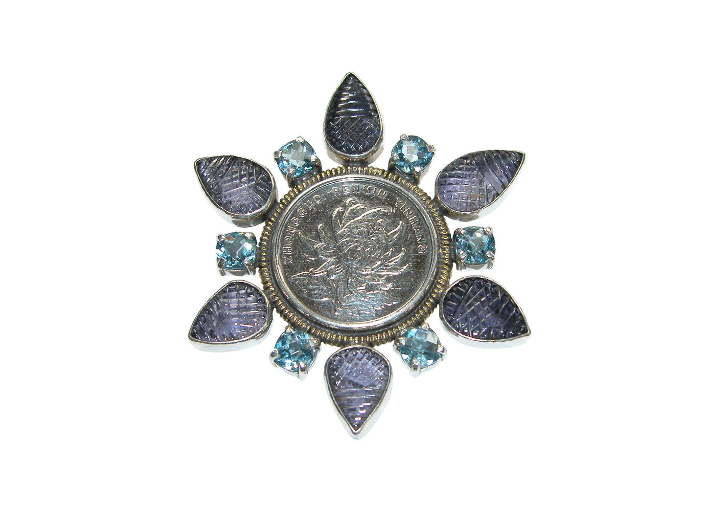 34034A Iolite, Blue Topaz, Vintage Silver Coin Pin Pendant