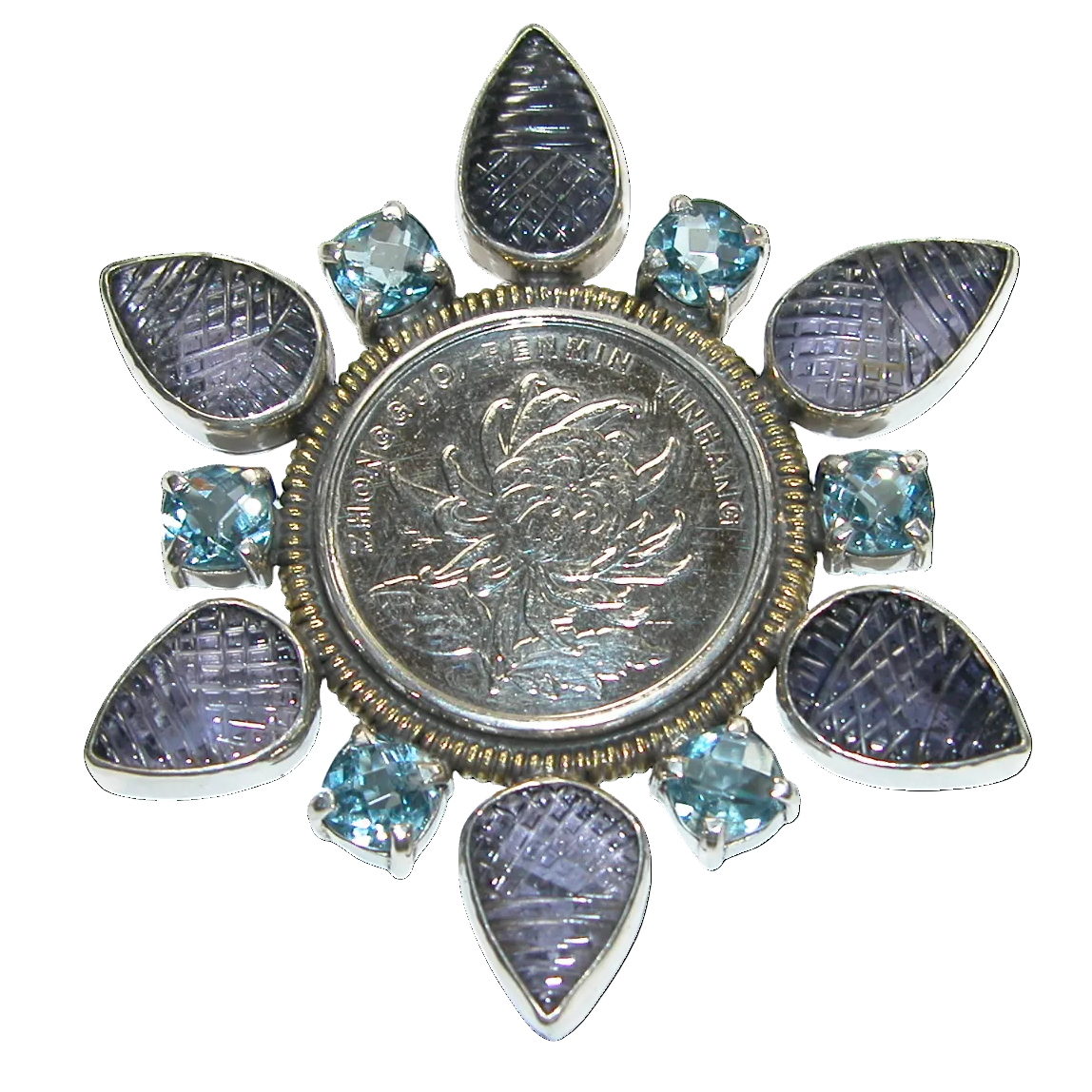 34034A Iolite, Blue Topaz, Vintage Silver Coin Pin Pendant