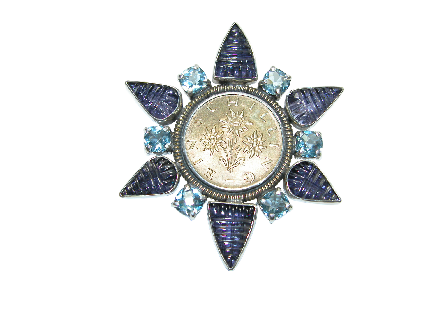 34034 Iolite, Blue Topaz, Vintage Gold Coin Pin Pendant