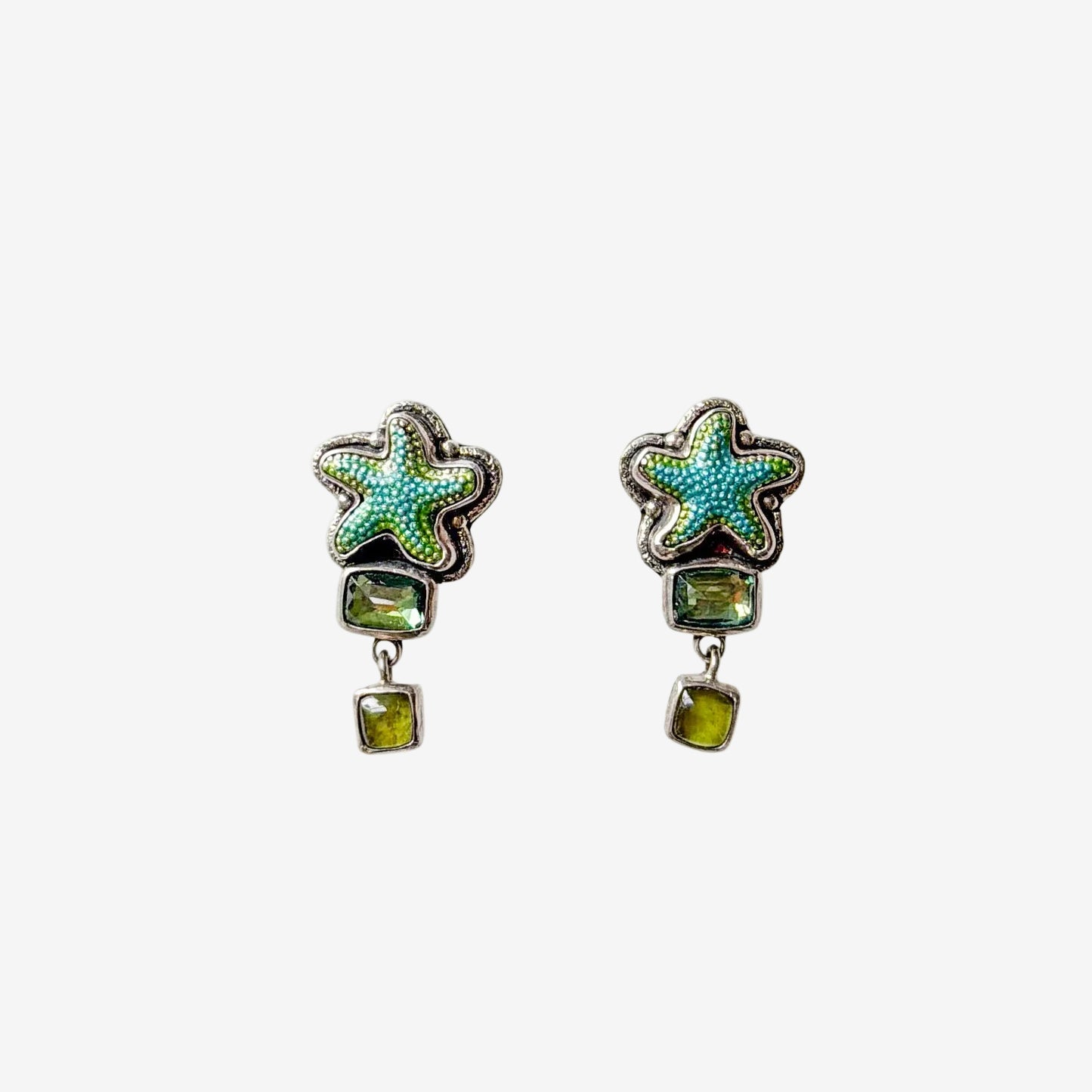 34060 Celestial Quartz, Vesuvianite, Hand-Enameled Starfish Earrings
