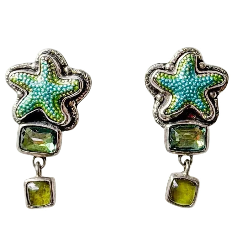 34060 Celestial Quartz, Vesuvianite, Hand-Enameled Starfish Earrings