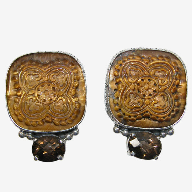 34065 Hand-Carved Tiger's Eye, Whiskey Topaz, Sterling Silver Earrings
