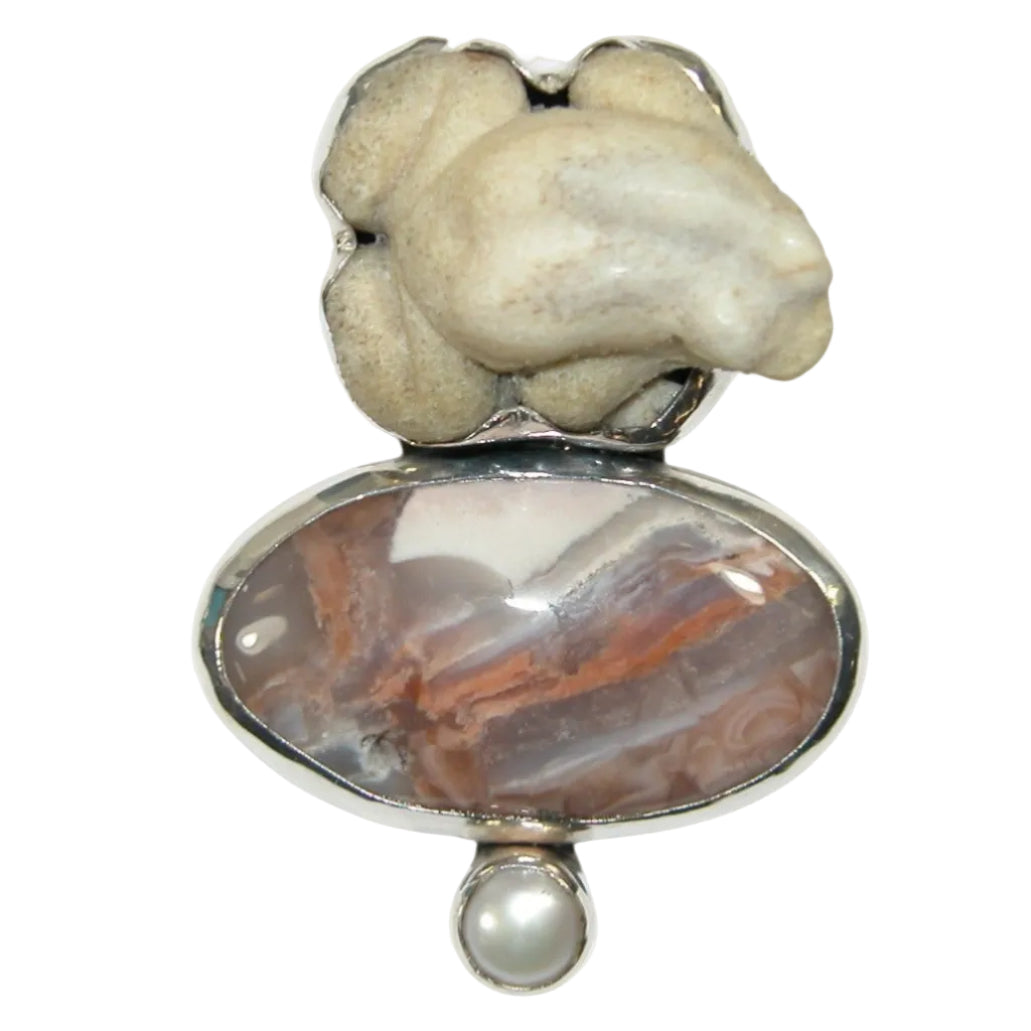 34176A Frog Carved Antler, Agate, Freshwater Pearl, Sterling Silver Pin and Pendant