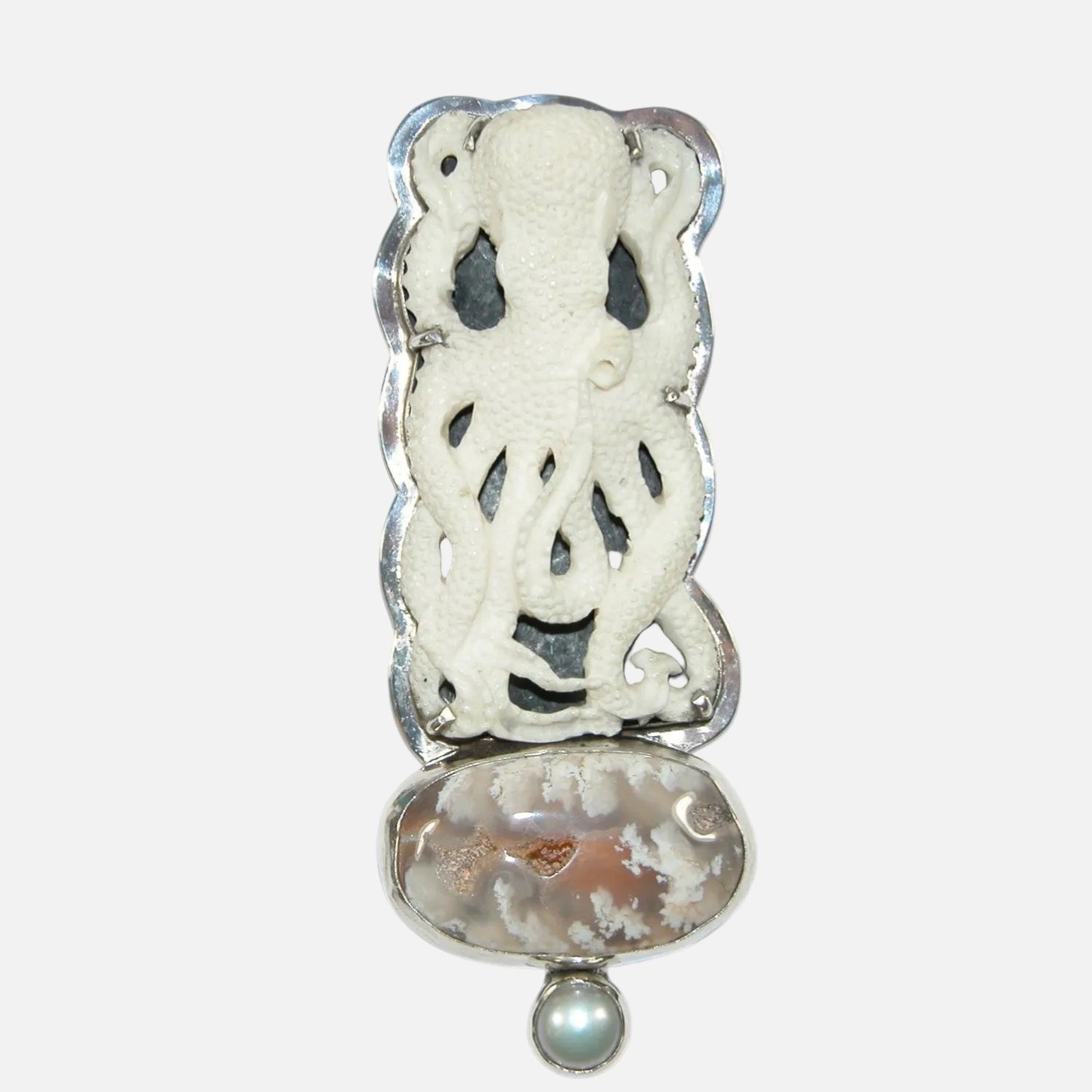 34177 Carved Naturally Shed Antler Octopus, Agate, Freshwater Pearl Sterling Silver Pin and Pendant