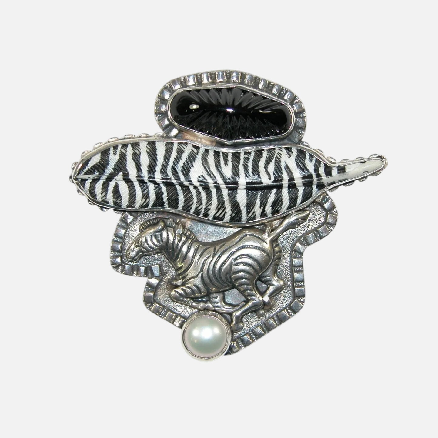 34178 Onyx, Pearl, Feather, Zebra Sterling Silver Pin / Pendant