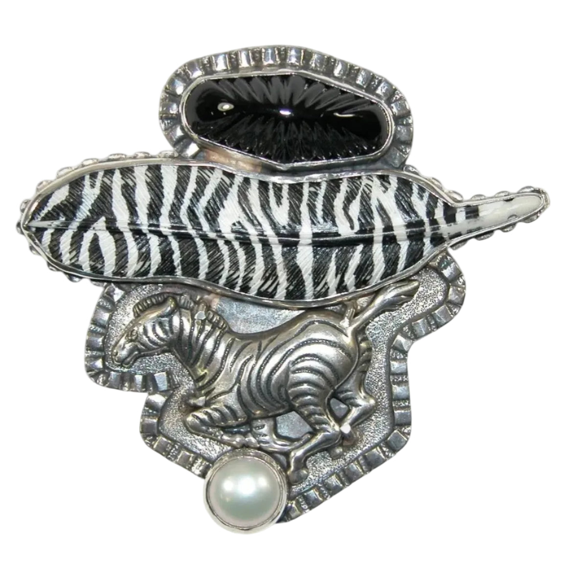 34178 Onyx, Pearl, Feather, Zebra Sterling Silver Pin / Pendant