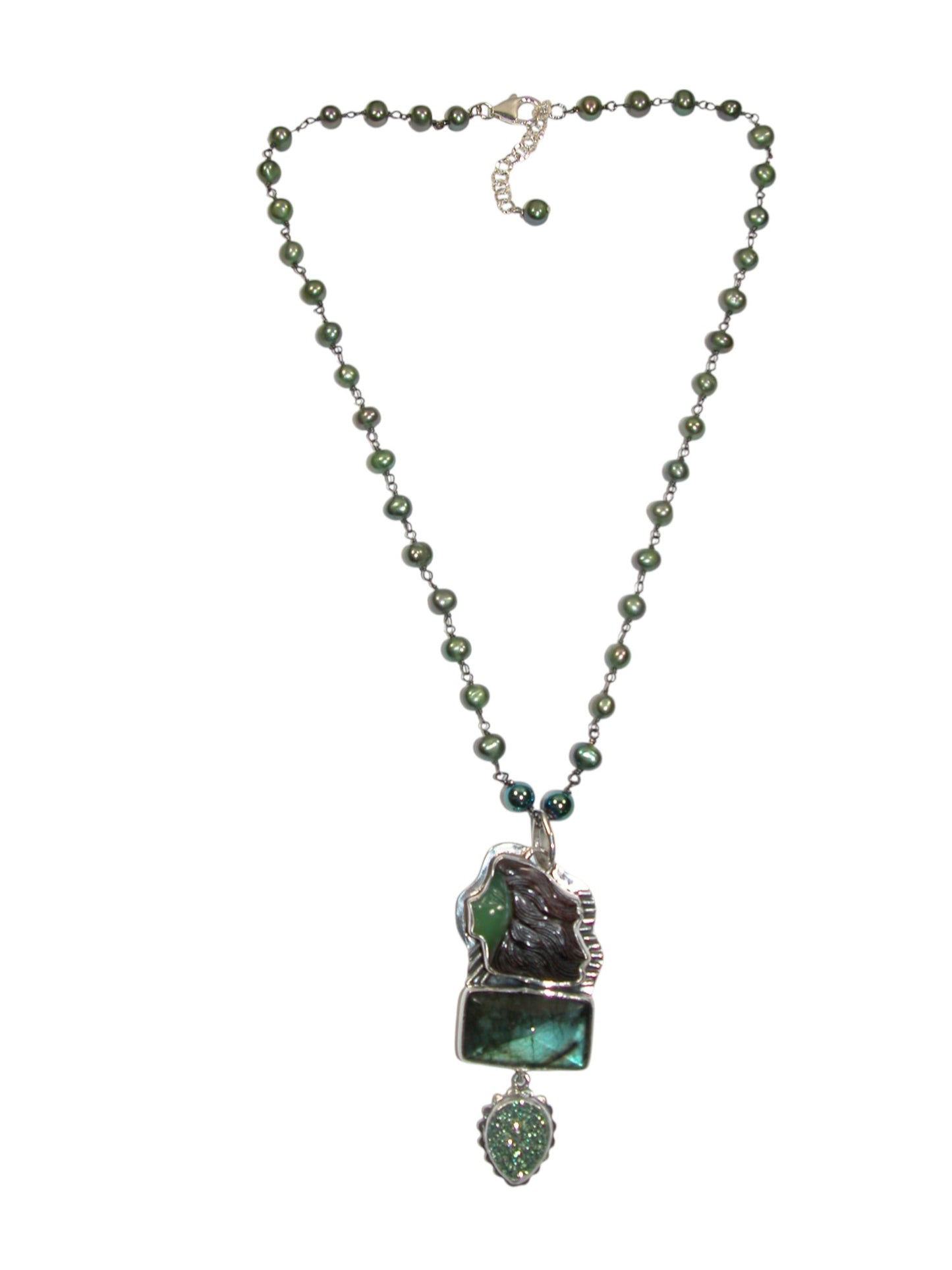 34206 Labradorite, Drusy Freshwater Pearl Beaded Sterling Silver Necklace