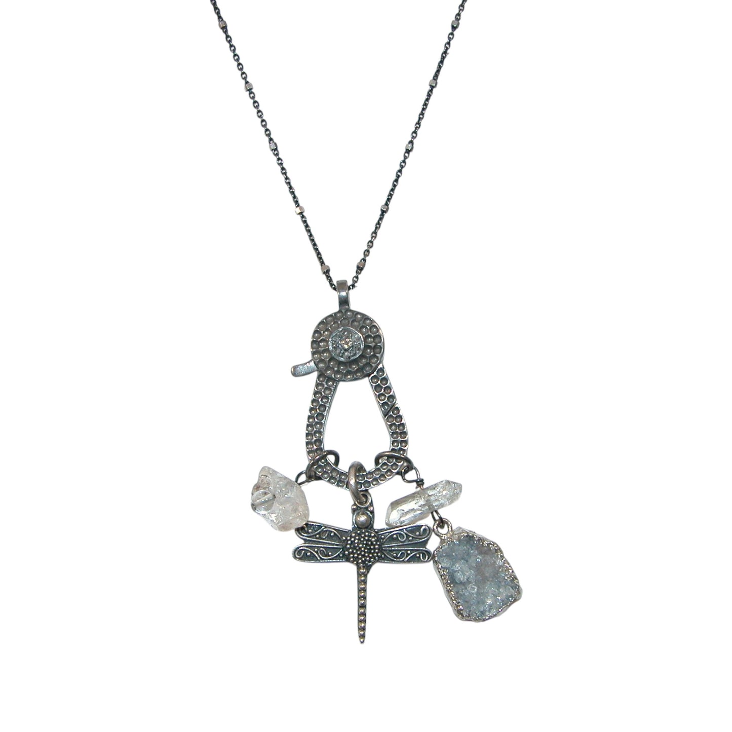 34219 Quartz, Drusy, Hook with Dragonfly Charm Sterling Silver Necklace