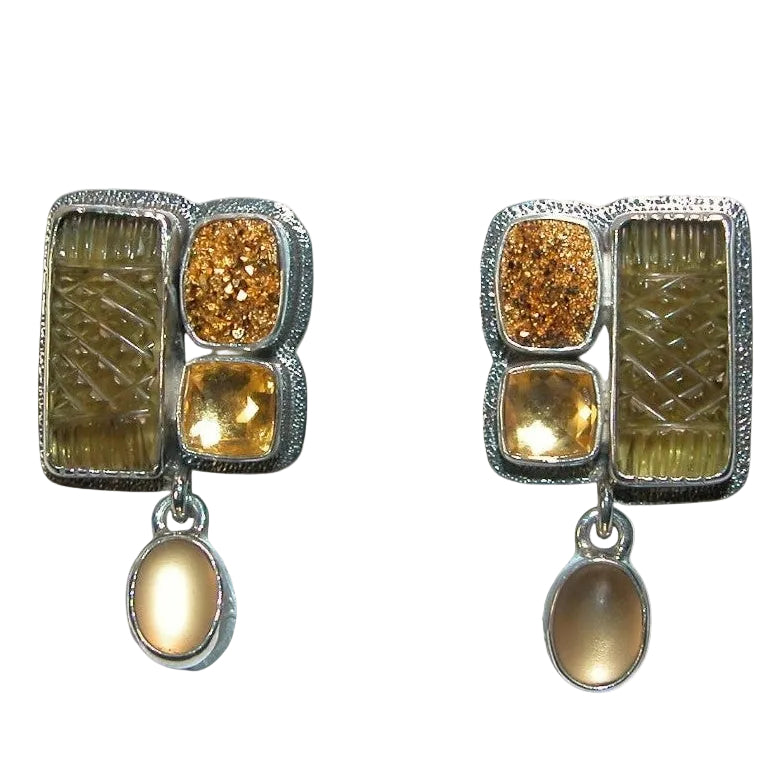 34235 Carved Smokey Topaz, Gold Clad Druzy, Quartz Sterling Silver Earrings