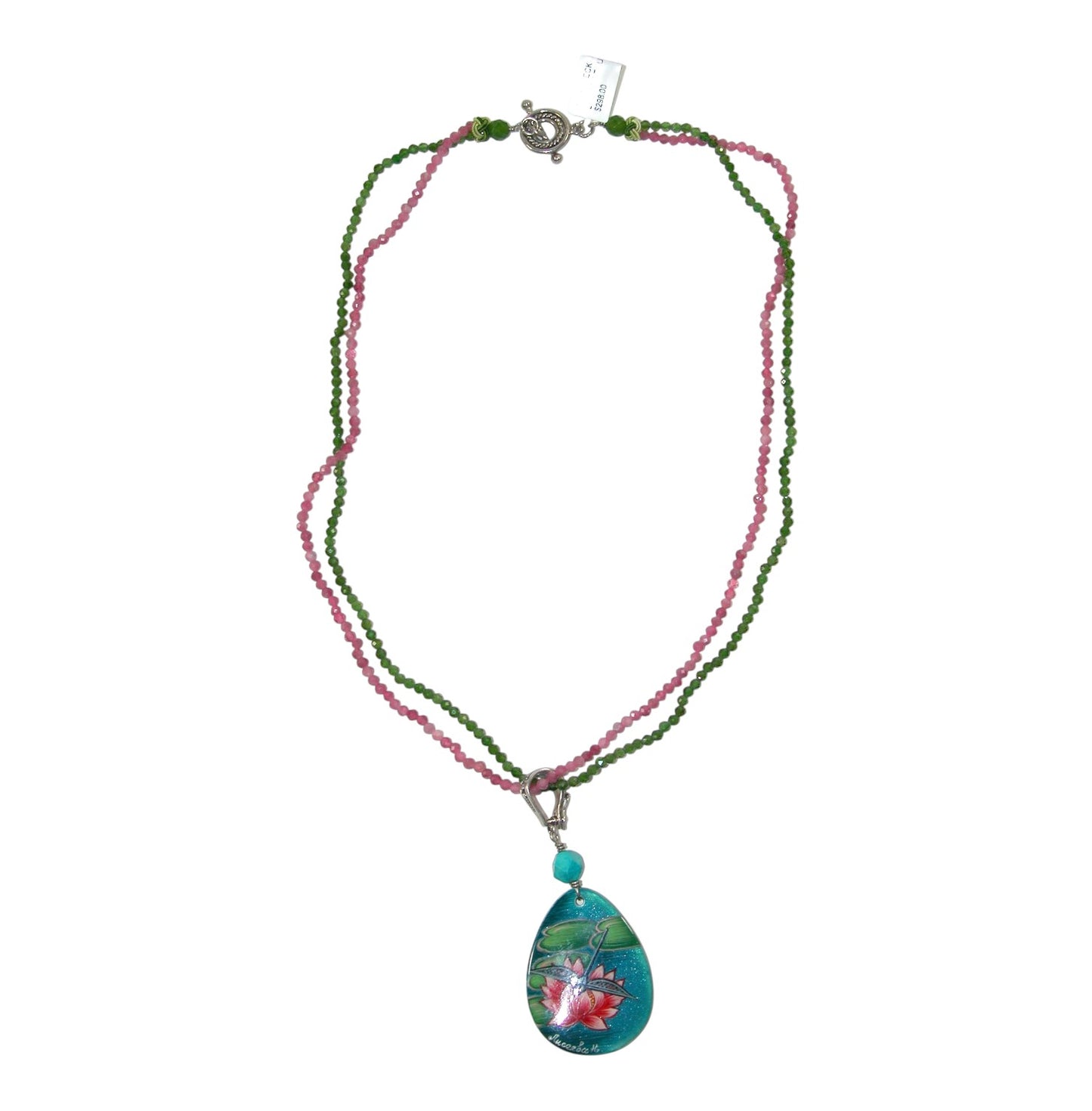 34242 Hand Painted Lotus Pink Tourmaline, Turquoise Sterling Silver Necklace