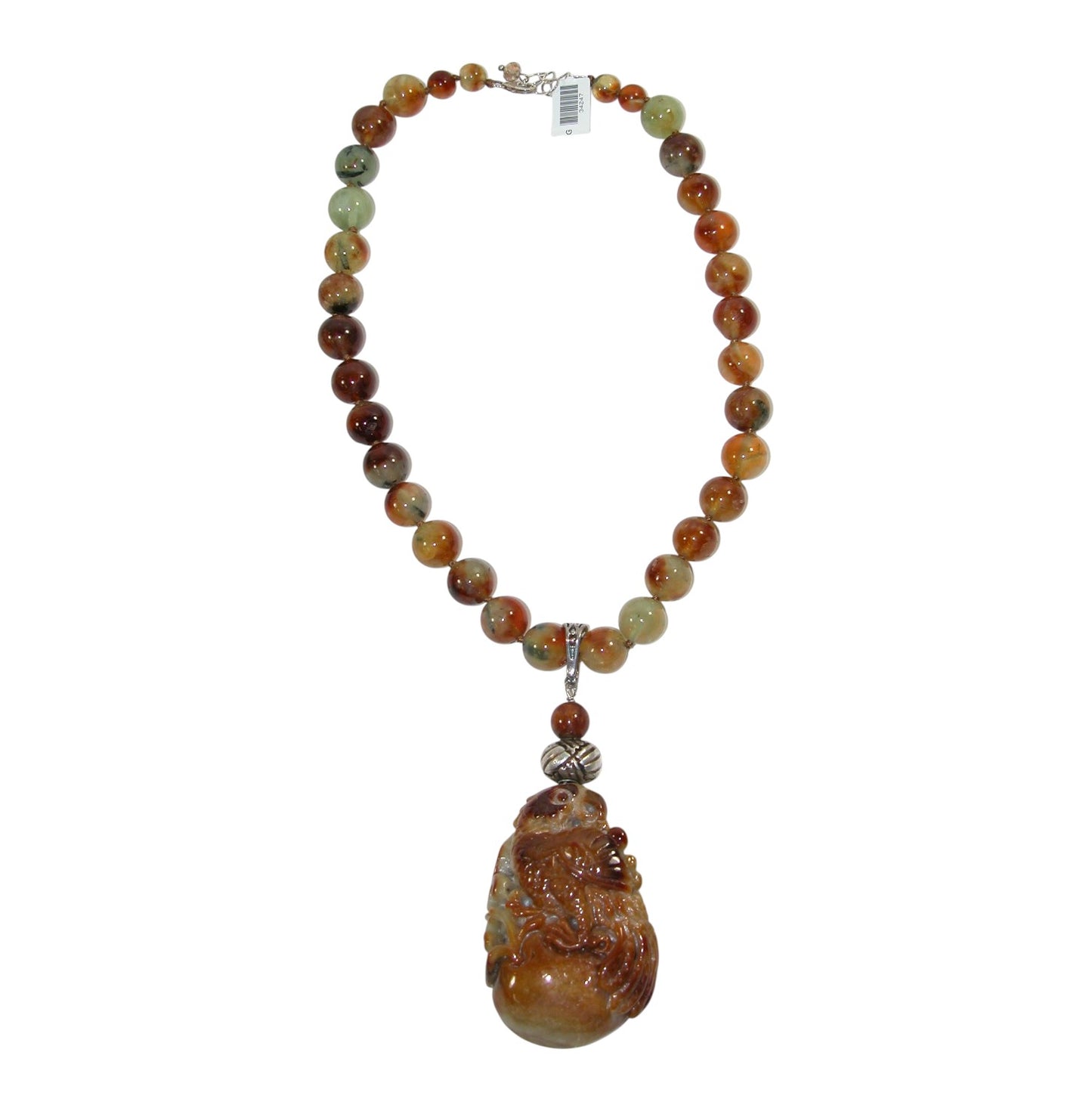 34247 Carved Jade Parrot Pendant Beaded Sterling Silver Necklace