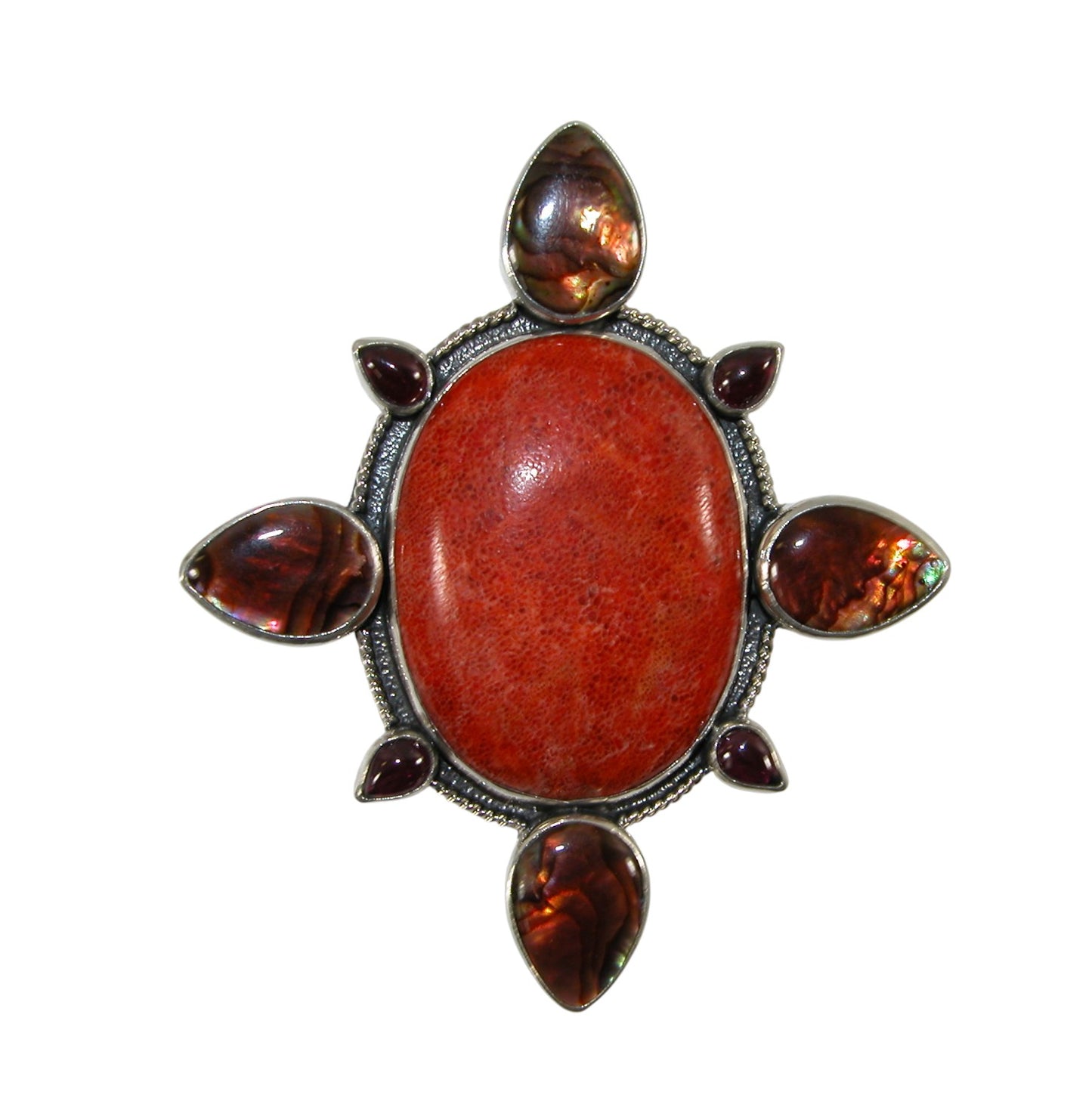 34317 Apple Coral, Abalone, Garnet Sterling Silver Pin and Pendant
