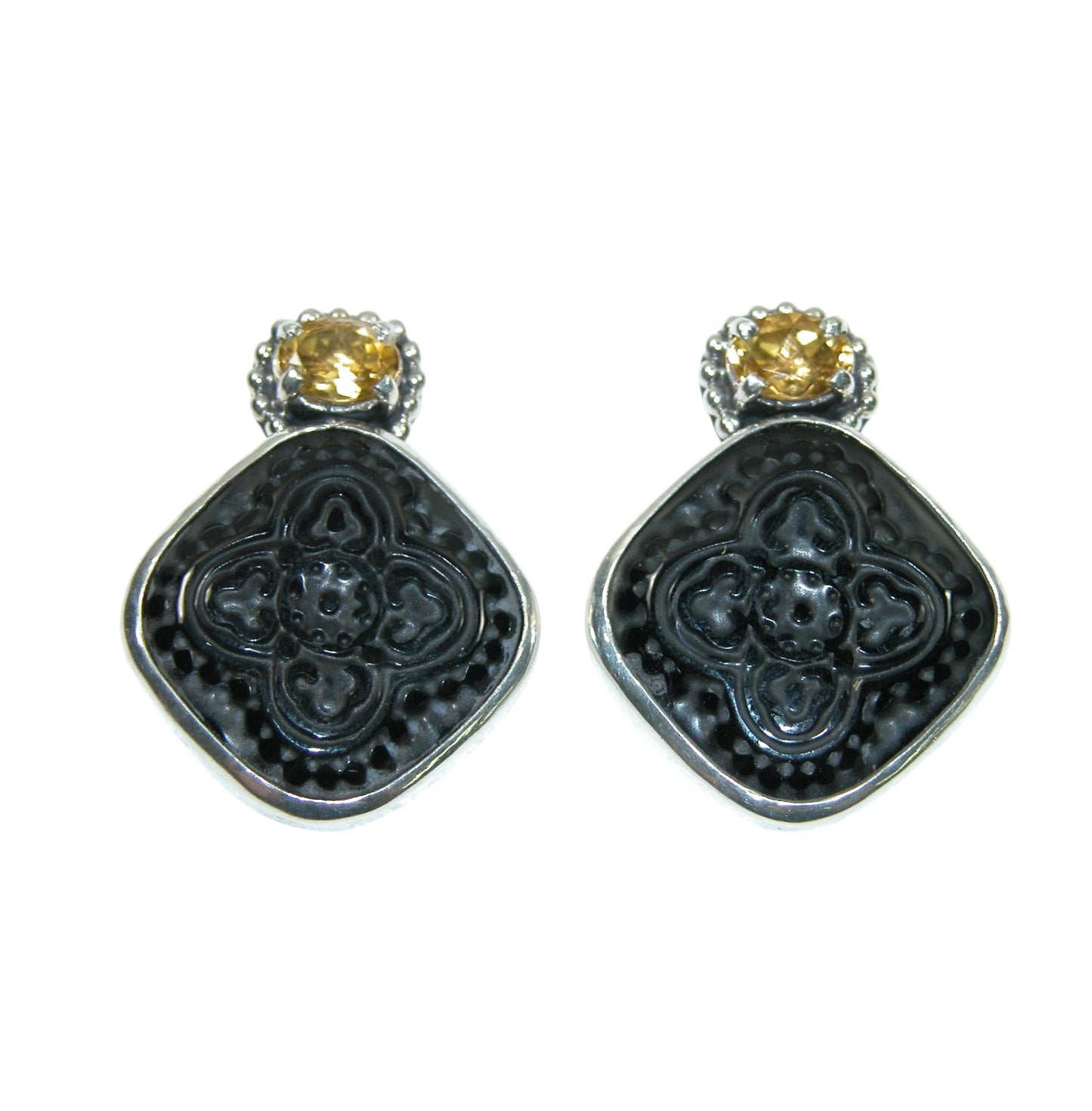 34341 Carved Black Agate, Citrine, Sterling Silver Earrings