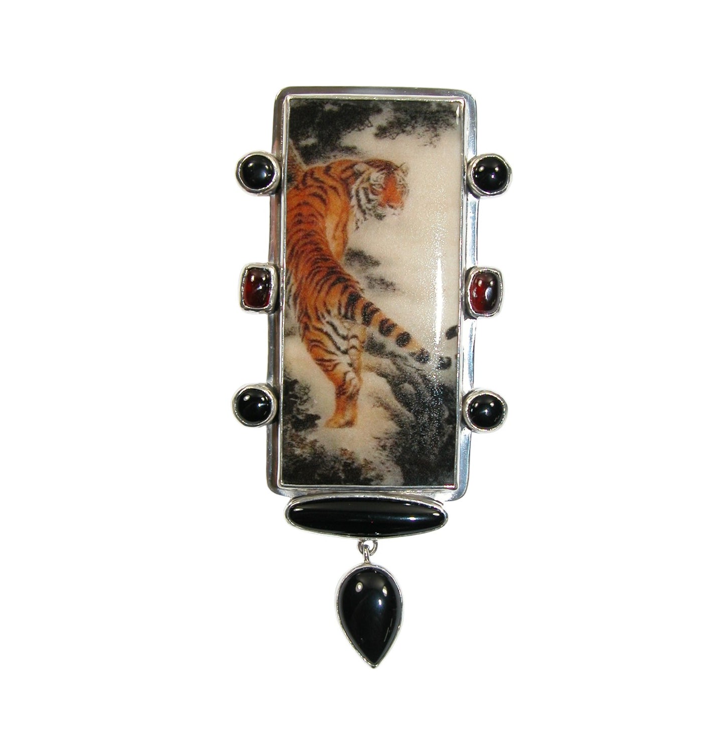 34349 Tiger Hand Made Tile, Black Onyx, Hessonite, Sterling Silver Pin and Pendant