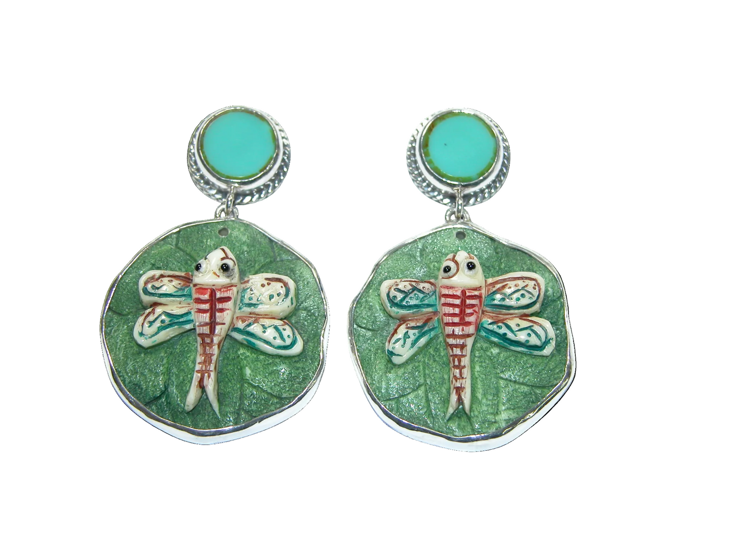 34369 Hand-Carved Scrimshaw Dragonfly Earrings