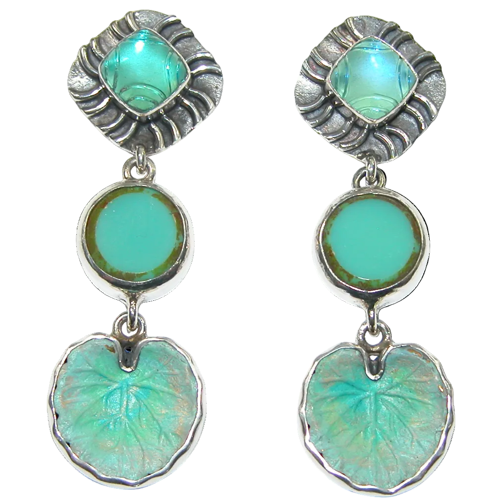 34372 Lily Pad Enamel, Celestial Quartz, Czech Glass Sterling Silver Earring