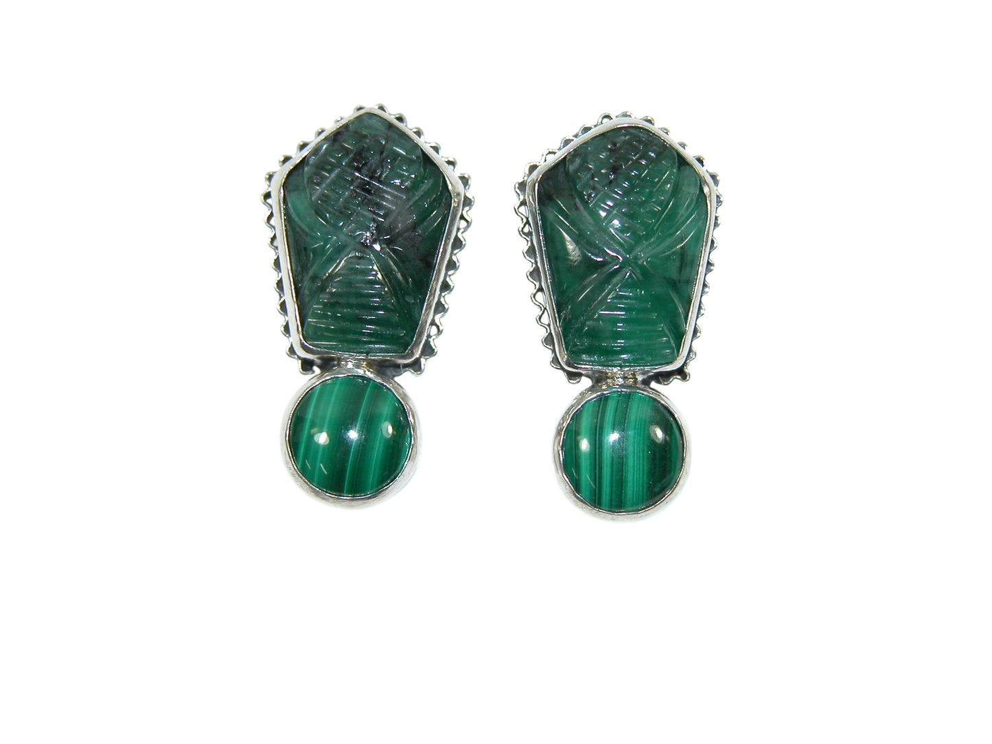 34384A Carved Emerald Malachite Sterling Silver Earring