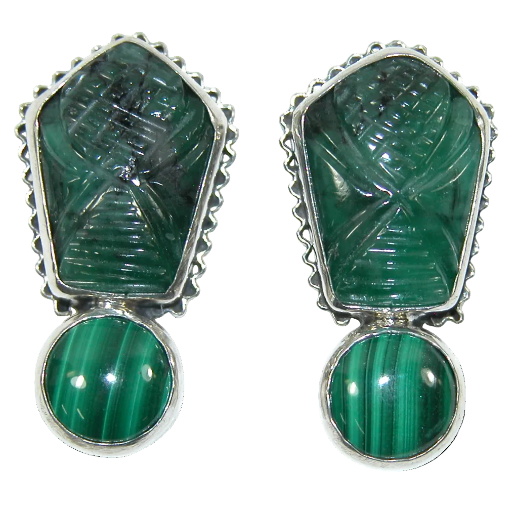 34384A Carved Emerald, Malachite Sterling Silver Earring