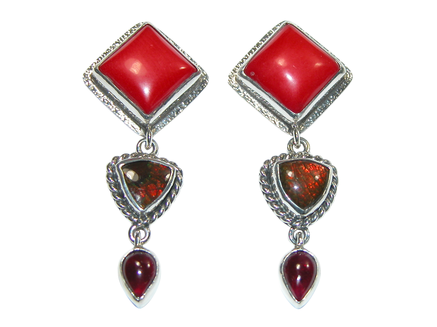 34390 Coral Ammolite Garnet Sterling Silver Dangle Earring