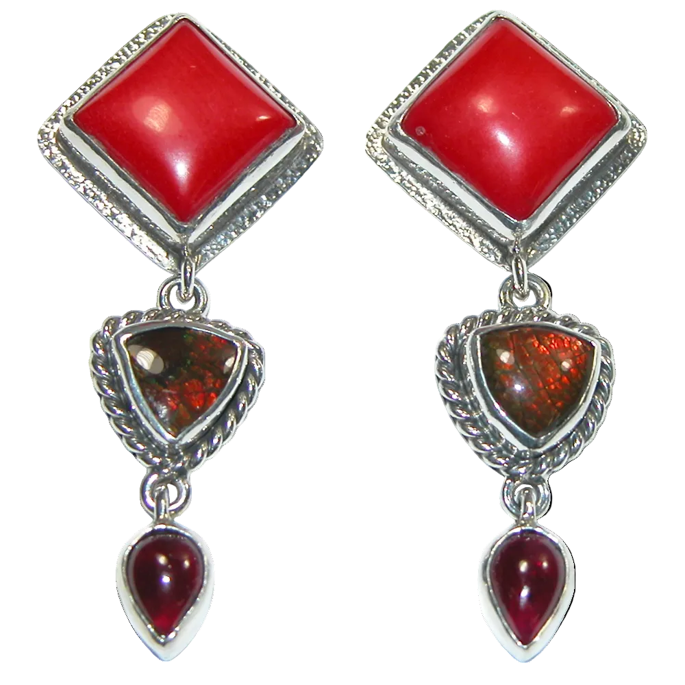 34390 Coral Ammolite Garnet Sterling Silver Dangle Earring