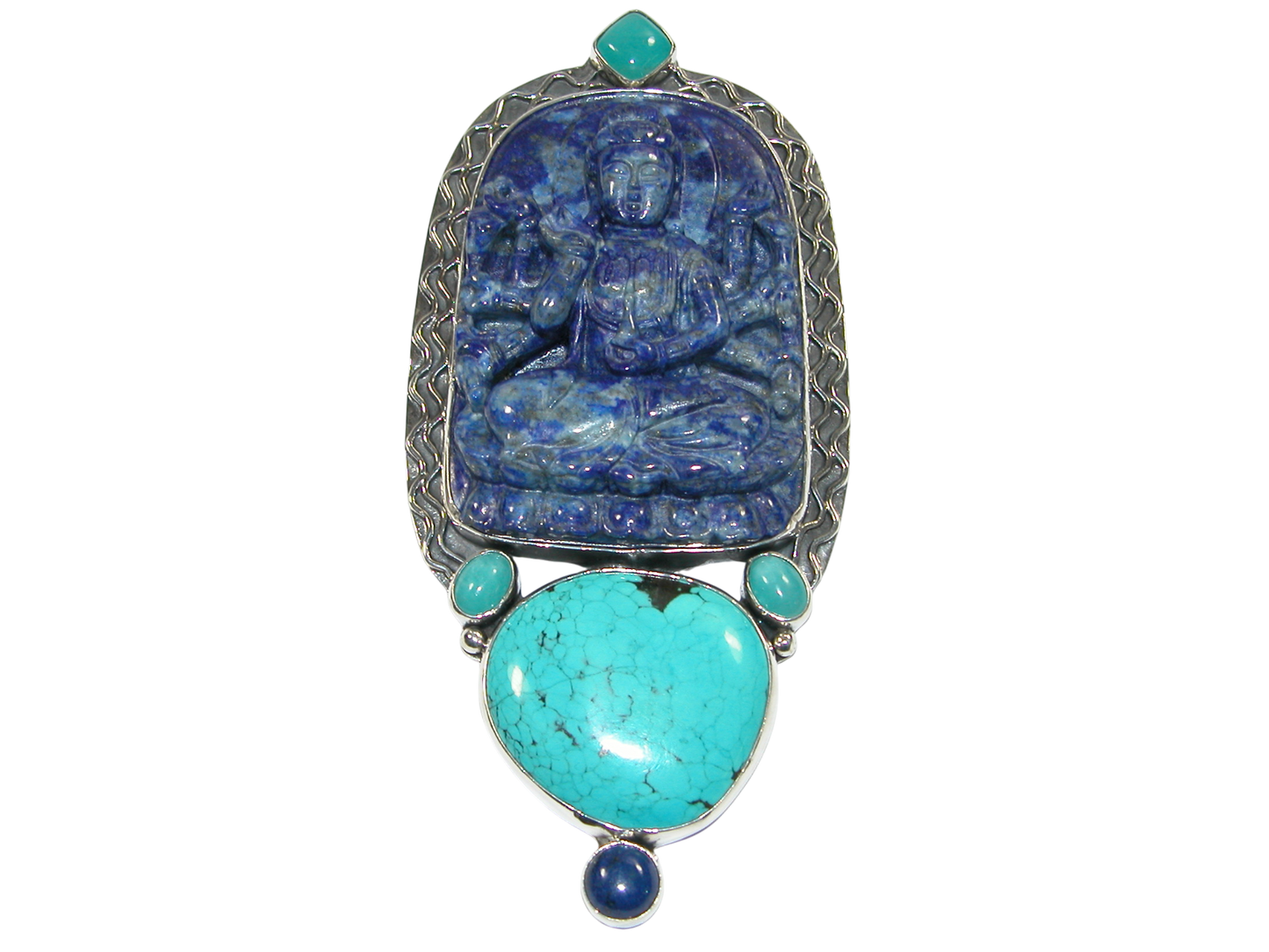 34392 Carved Lapis Turquoise Sterling Silver Pin Pendant