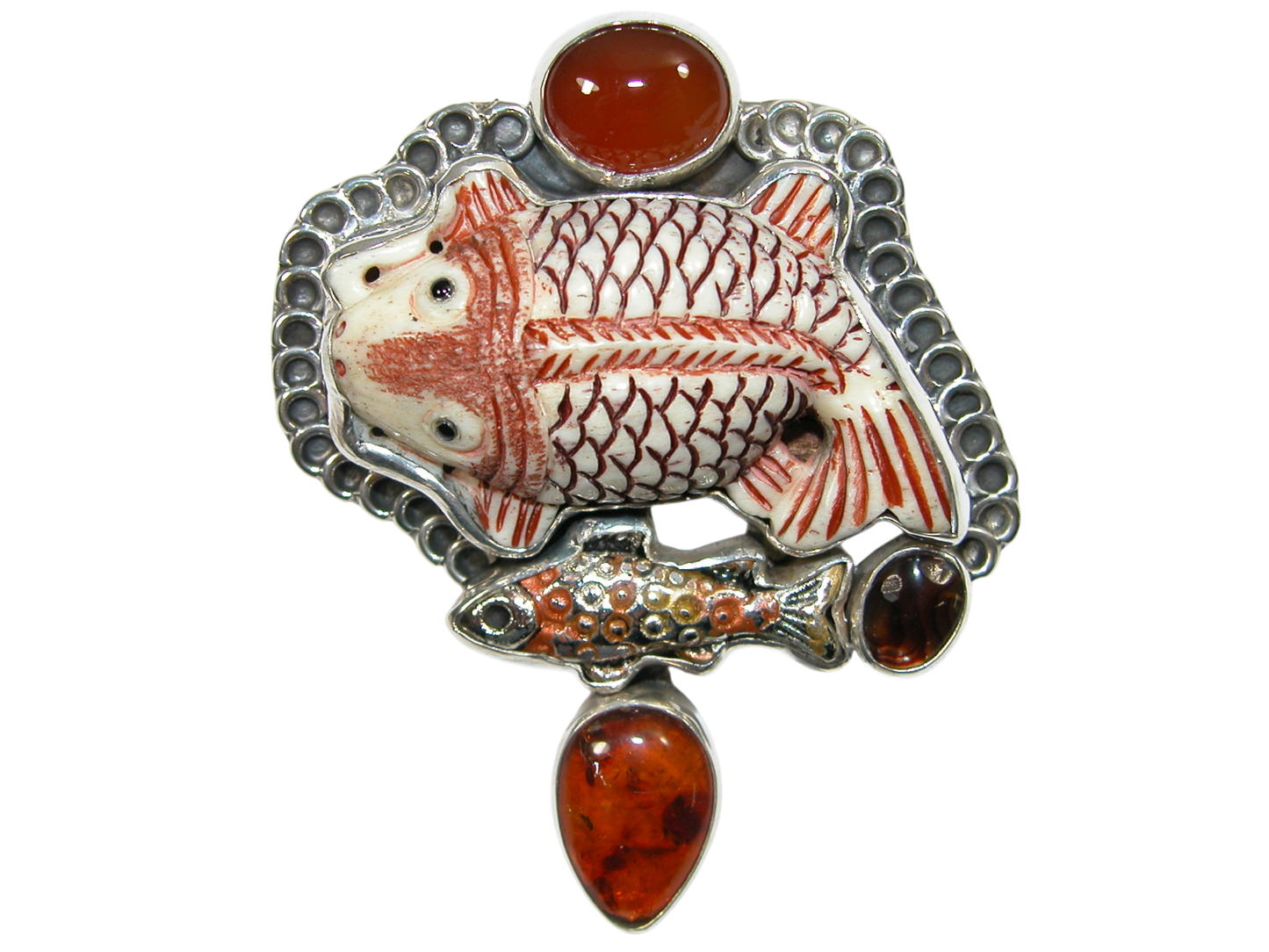 34397 Carved Fish Carnelian Hessonite Sterling Silver Pin Pendant