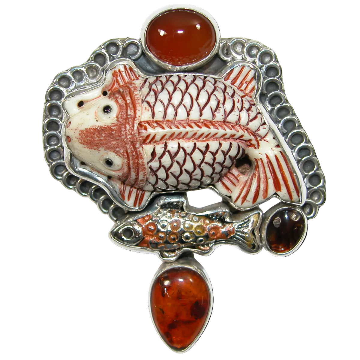 34397 Hand Carved Fossil Fish, Carnelian, Abalone, Baltic Amber Sterling Silver Pin Pendant