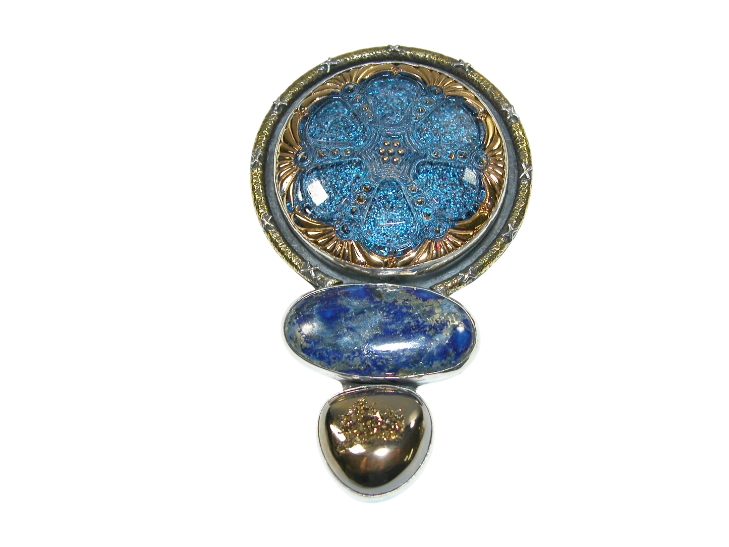 34398 Czech Glass Button, Lapis, Gold-Clad Brazilian Agate, Druzy Pin Pendant