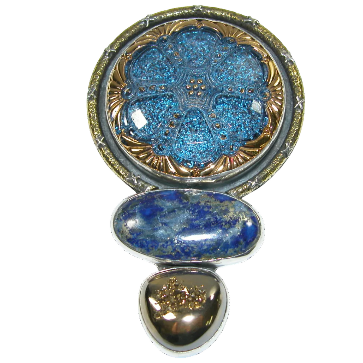 34398 Czech Glass Button, Lapis, Gold-Clad Brazilian Agate, Druzy Pin Pendant