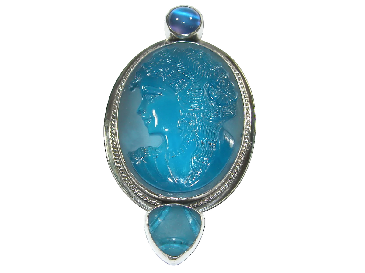 34401 Blue Cameo Moonstone Sterling Silver Pin Pendant