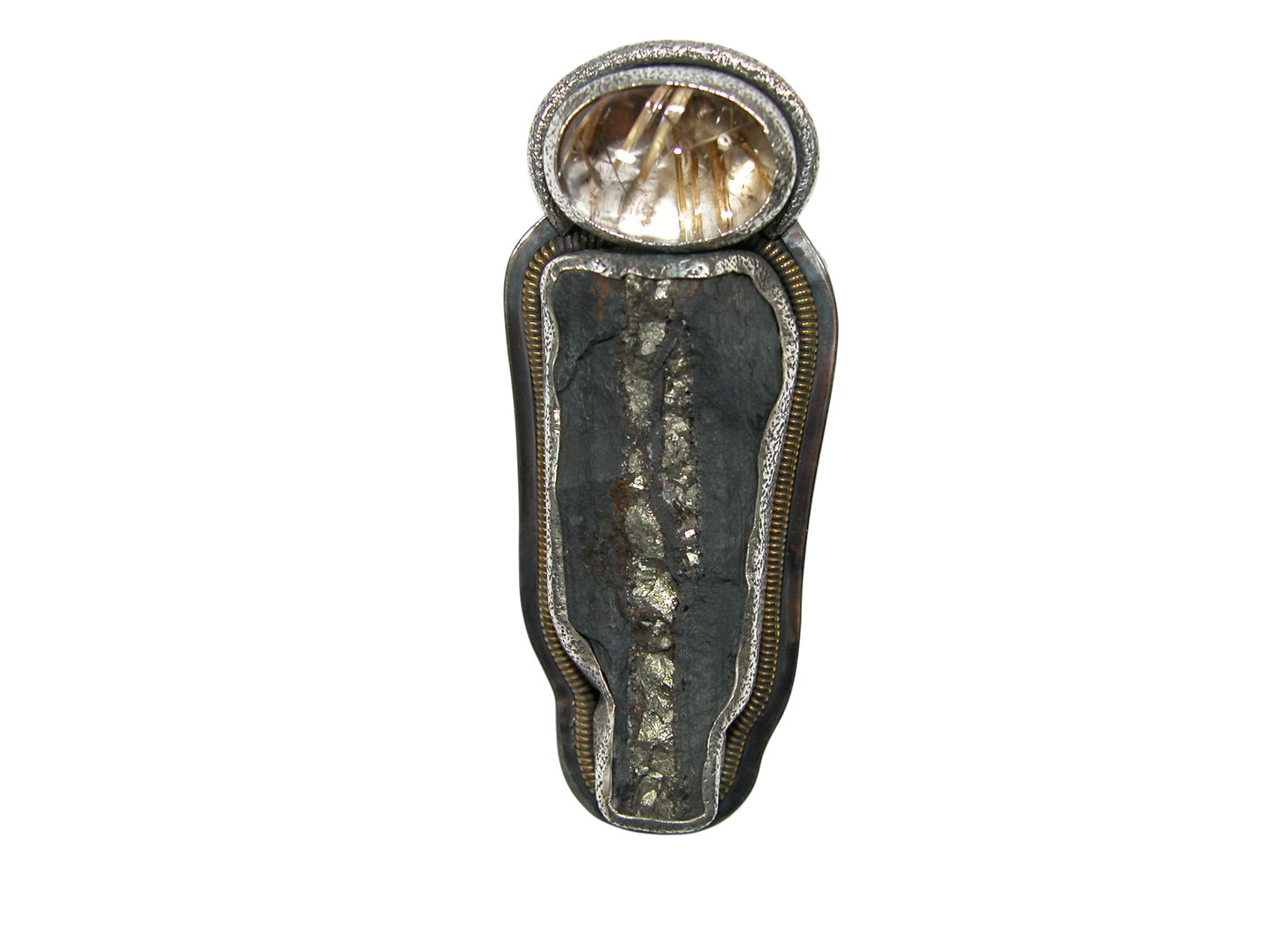 34464 Rutilated Crystal Slade Pyrite Pin Pendant