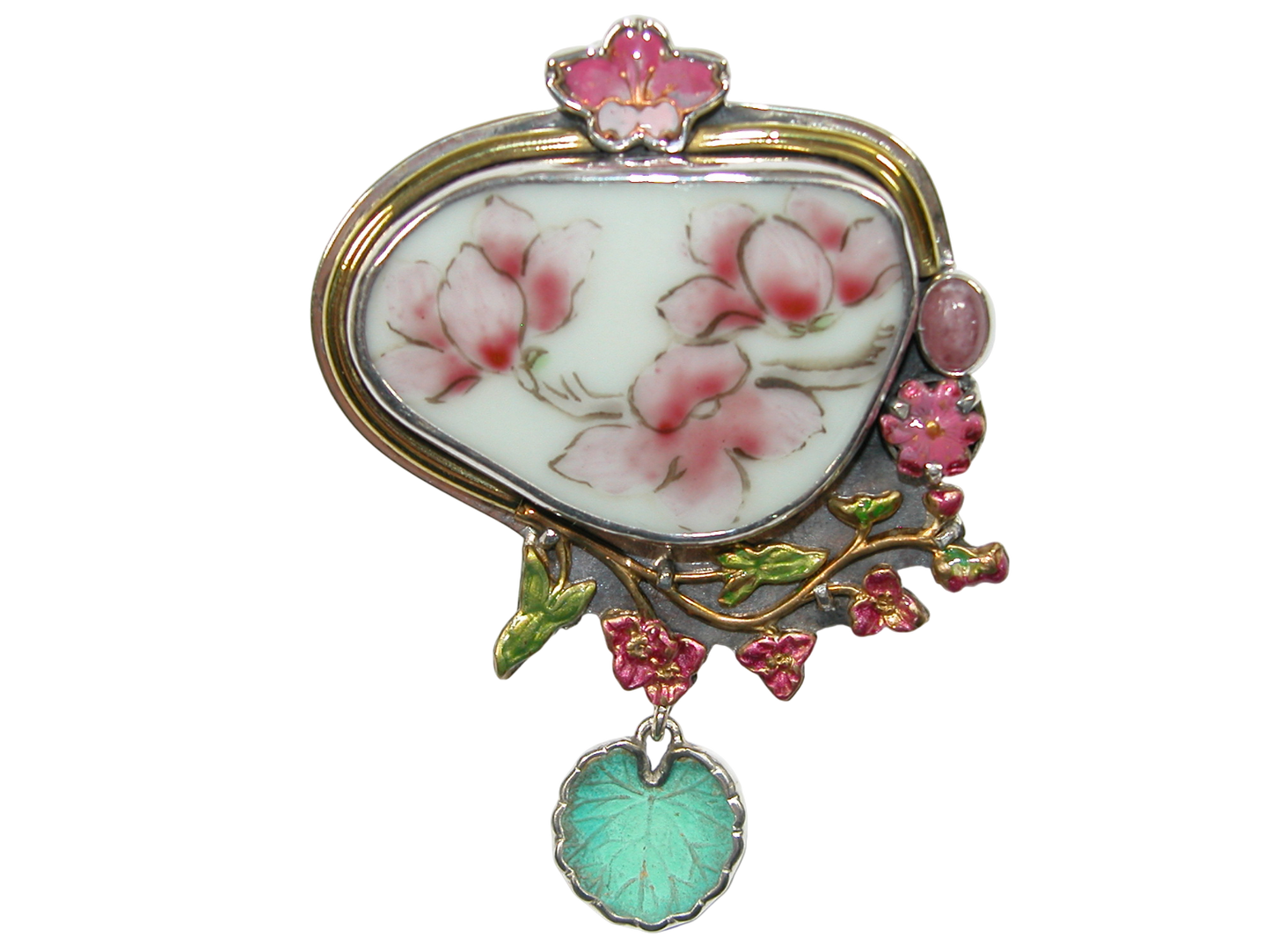34406 Porcelain Pink Enamel Flowers Sterling Silver Pin Pendant