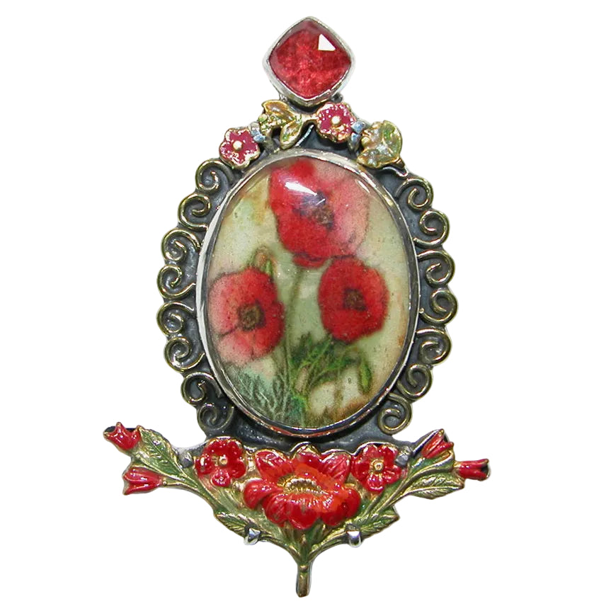 34411A Poppy Handmade Tile, Hand-Enameled Floral Pin / Pendant