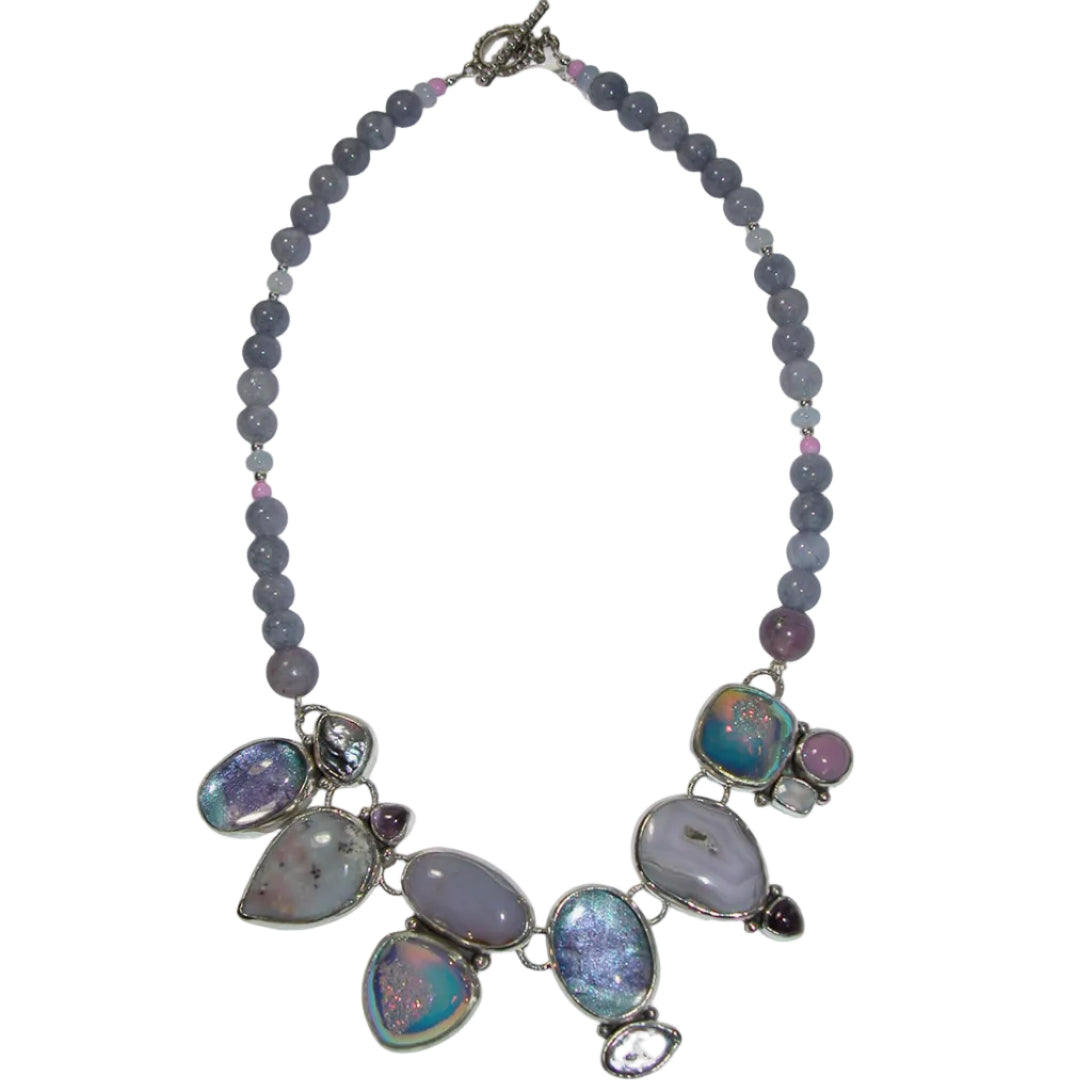 34443 Quartz Druzy, Agate, Pearl Amethyst, Tanzanite Sterling Silver Necklace