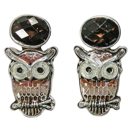 34453 Faceted Smoky Topaz Enamel Owl Sterling Silver Earrings