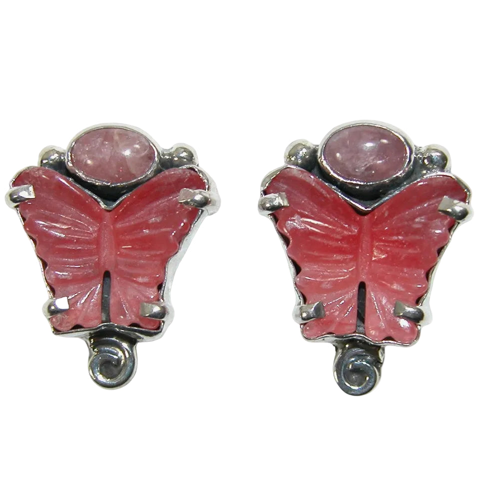 34454 Carved Pink Butterfly Rhodochrosite Sterling Silver Earrings