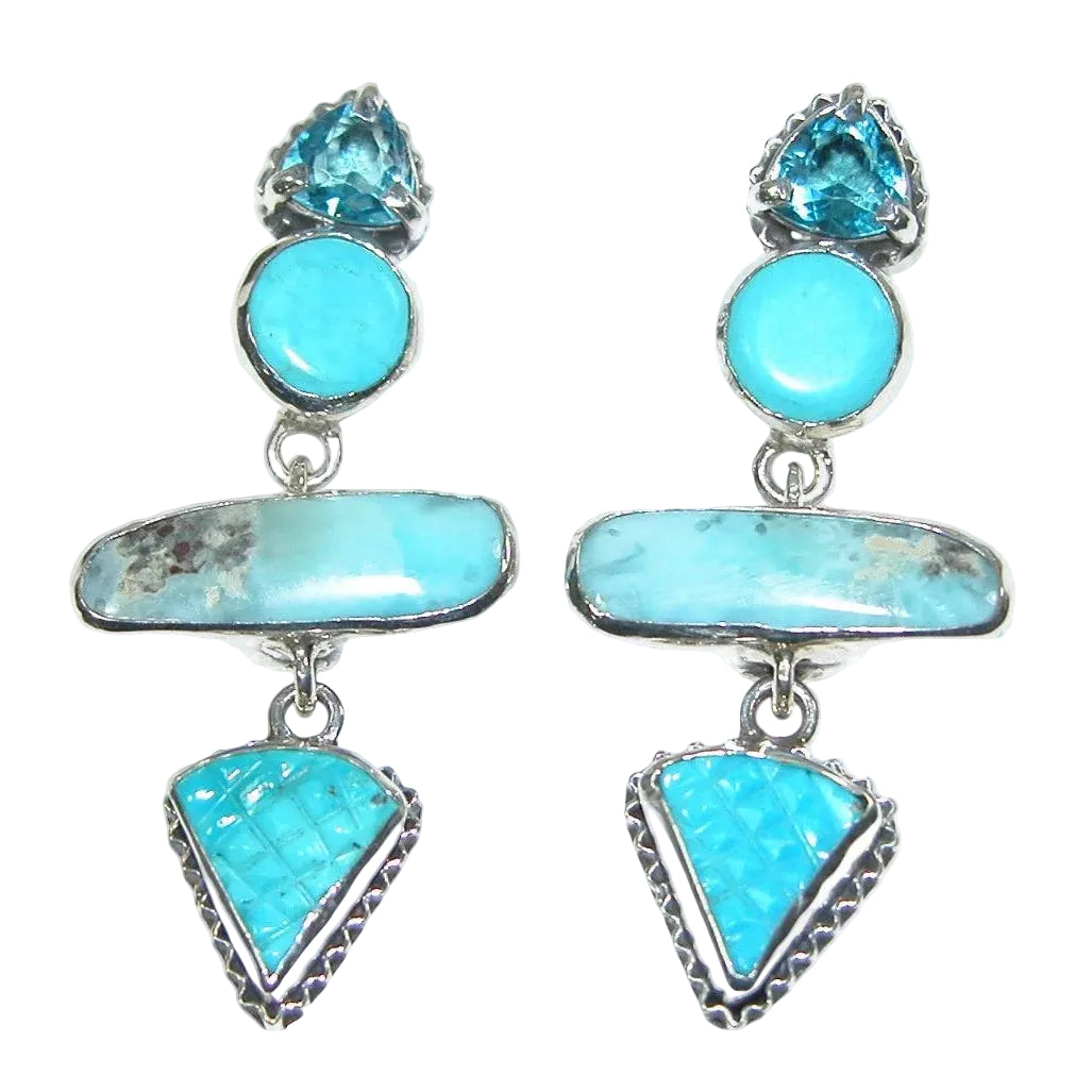 34458 Turquoise, Larimar, Blue Topaz Sterling Silver Drop Earrings