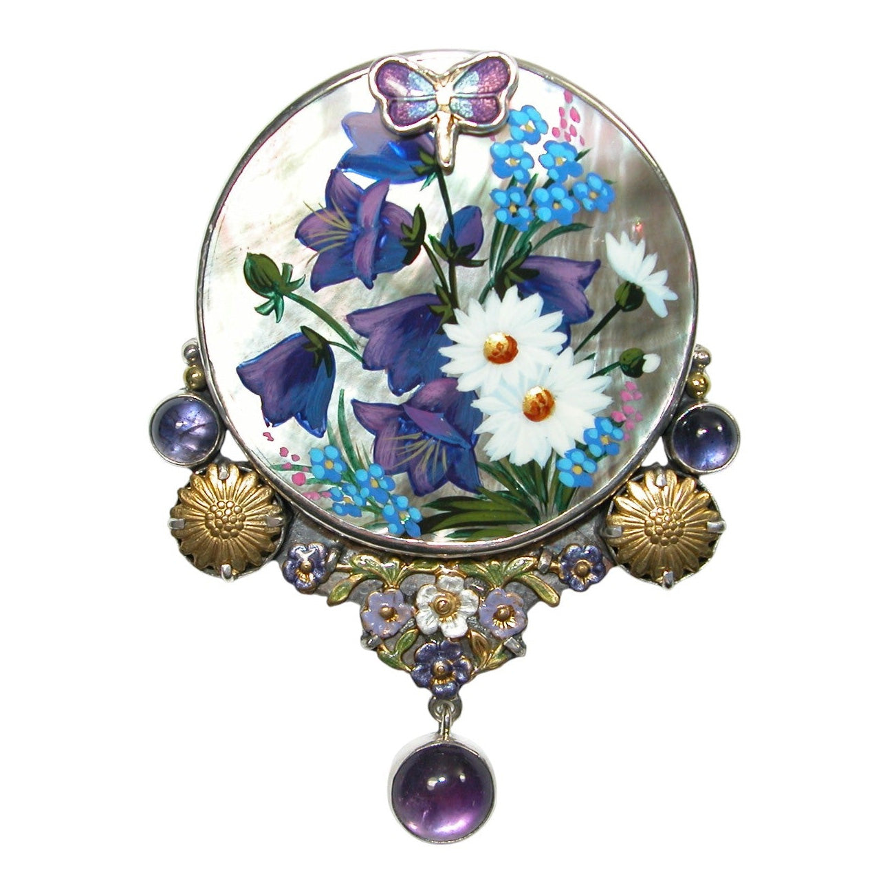34479 Painted Flowers on MOP, Amethyst, Sterling Silver Pin Pendant