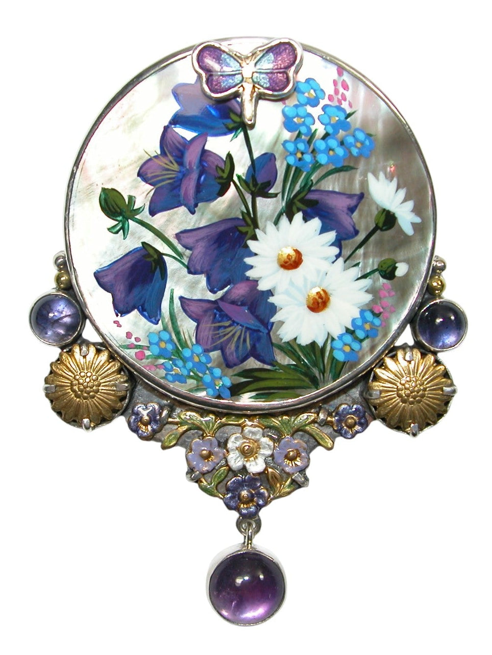 34479 Painted Flowers on MOP, Amethyst, Sterling Silver Pin Pendant
