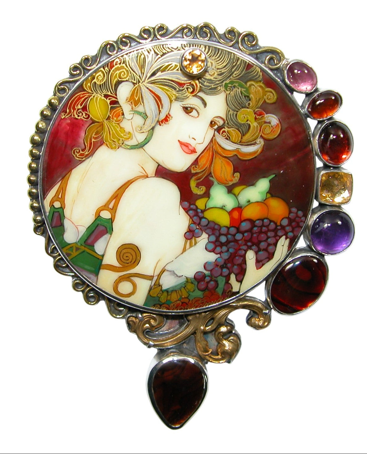 34488 Painted Lady on MOP, Multi Gemstone, Sterling Silver Pin Pendant