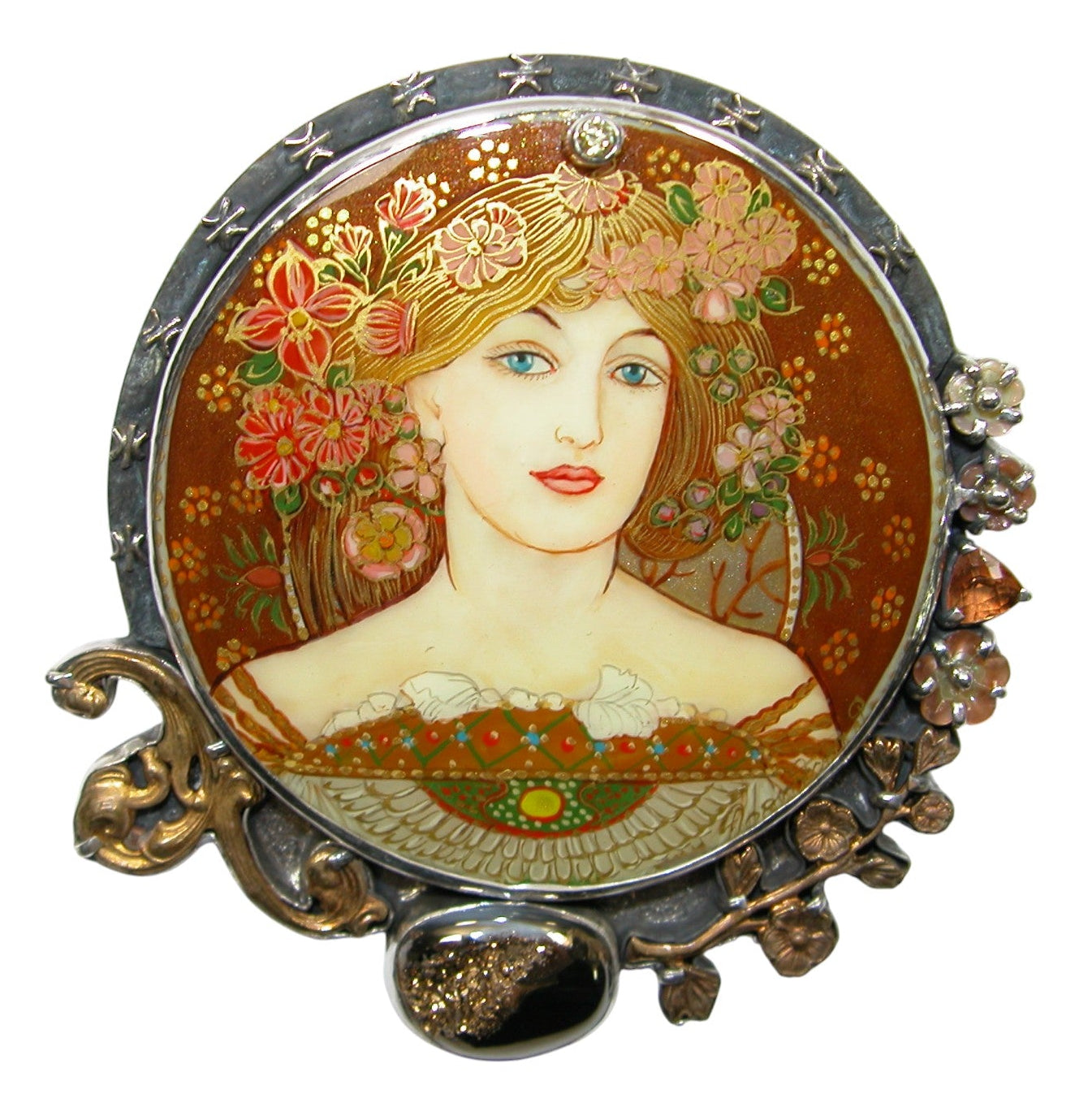 34489 Painted Lady on MOP, Gold Clad Druzy, Citrine, Sterling Silver Pin Pendant