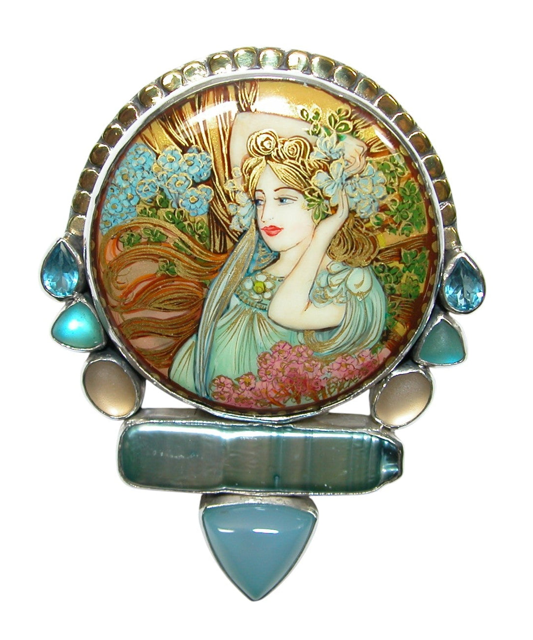 34491 Painted Lady on Black Onyx, FWP, Chalcedony, Sterling Silver Pin Pendant